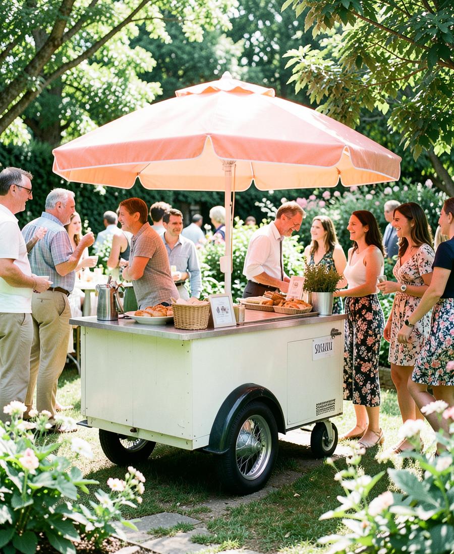 A branded Experio food cart at an outdoor office event