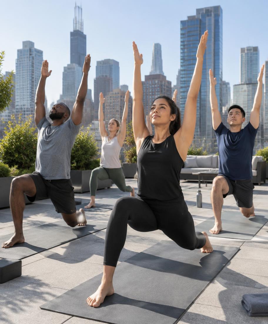 Colleagues in a rooftop wellness session