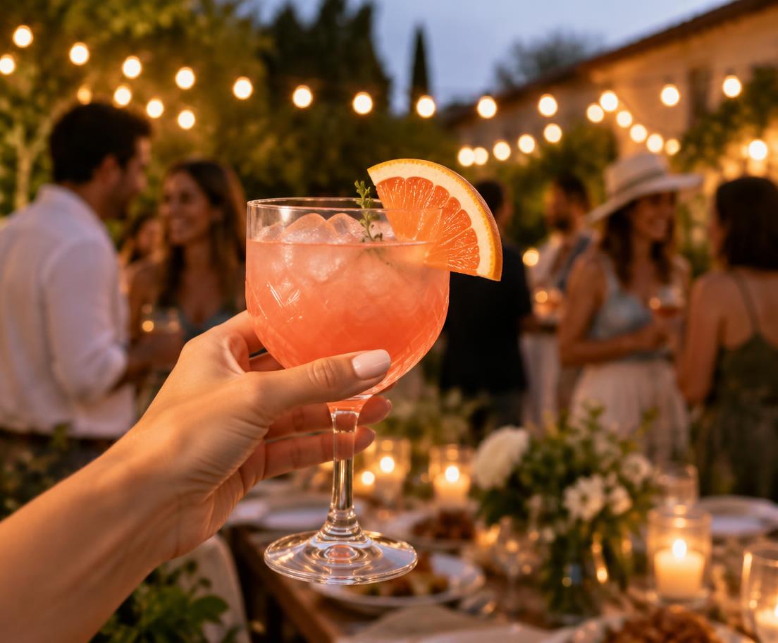 A guest raising a grapefruit cocktail at an Experio garden celebration