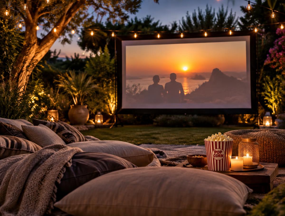 A private outdoor cinema set up in a garden at dusk