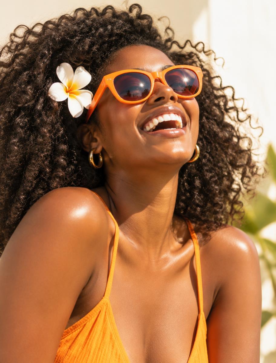 A guest laughing in the sun wearing orange sunglasses
