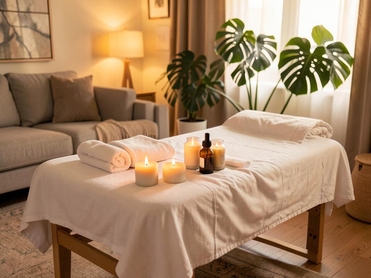 A mobile spa set up in a living room with candles and towels